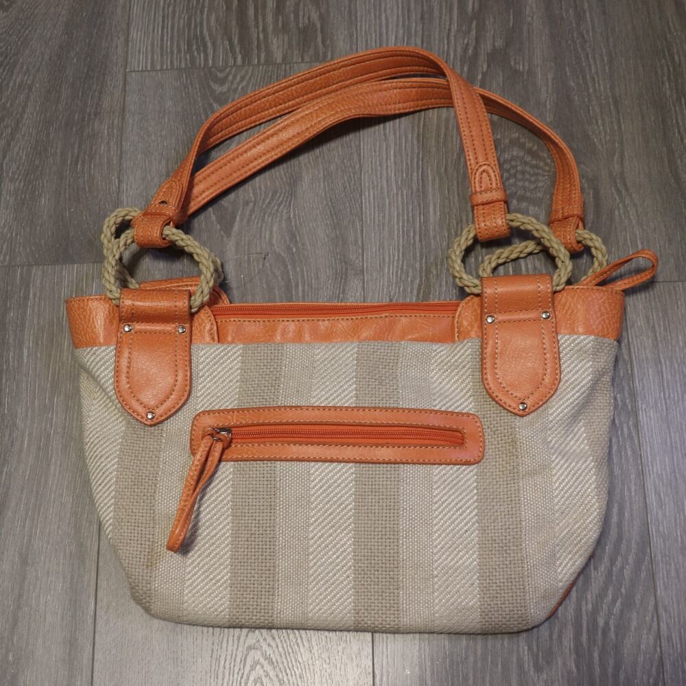 Stone Mountain Tote Handbag Women Natural Straw Orange Faux Leather Purse Bag
